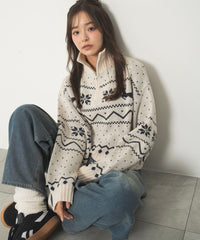 ノルディック柄ハーフジップニット