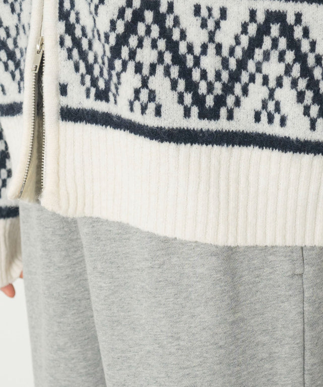 雪柄ダブルジップニット