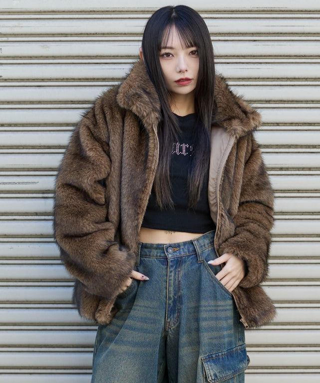2WAYカラーフェイクファーブルゾン/ブラウンソノタ　モデル：159cm F着用