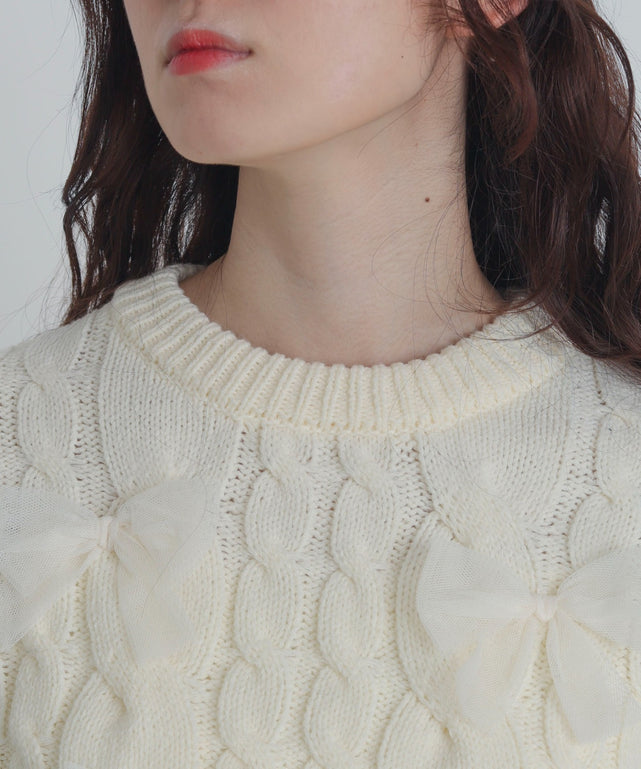 チュールリボンケーブルニット