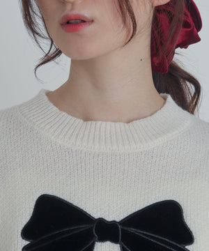 ベロアリボンアップリケタックスリーブニット