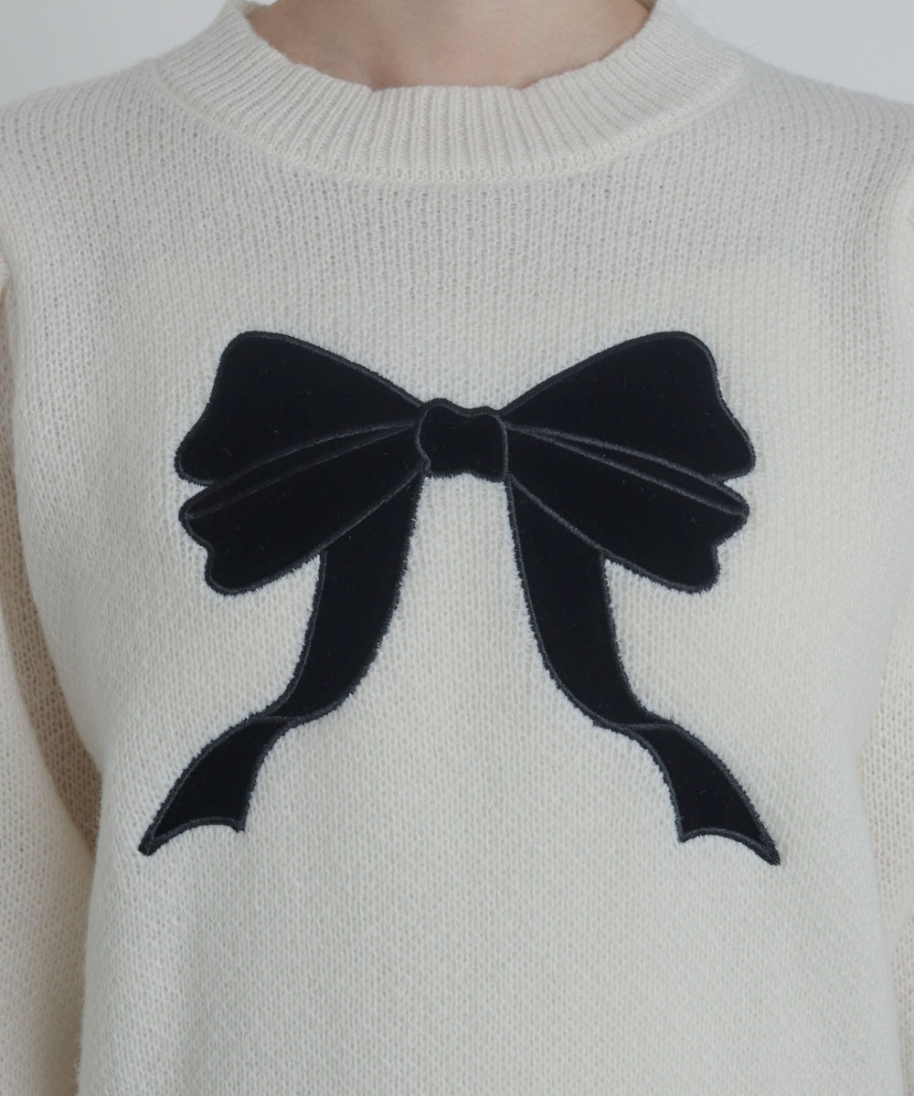 ベロアリボンアップリケタックスリーブニット