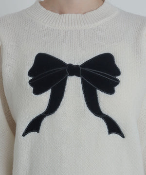 ベロアリボンアップリケタックスリーブニット