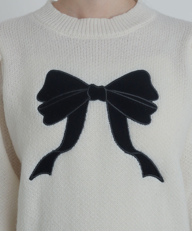 ベロアリボンアップリケタックスリーブニット