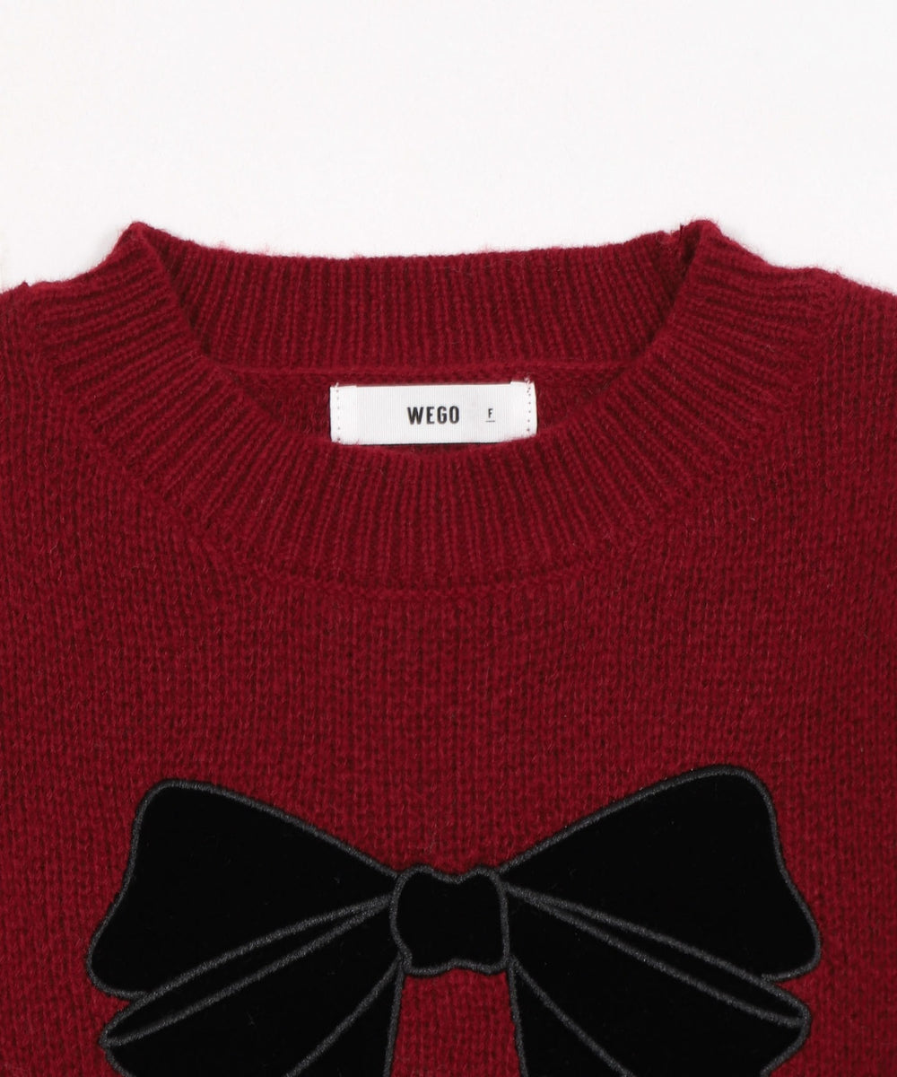 ベロアリボンアップリケタックスリーブニット