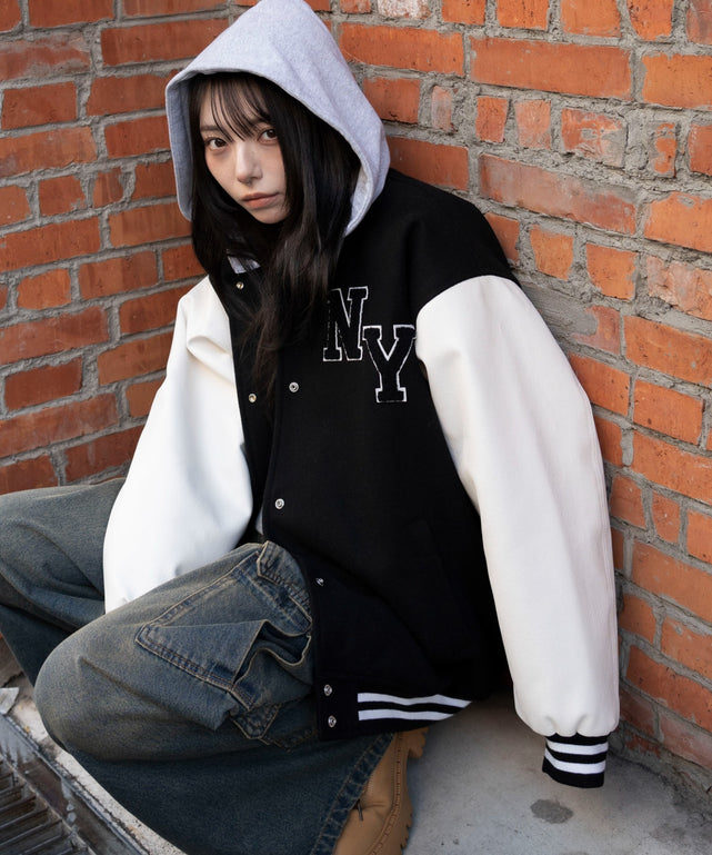 2WAYフード付きビッグスタジャン/ブラック　モデル：159cm F着用