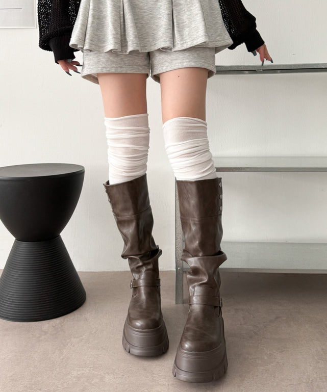 クシュクシュ切替透かし柄ニーハイソックス(23-25cm)/ホワイト