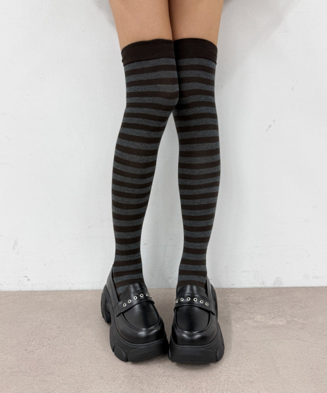 ボーダー柄ニーハイソックス(23-25cm)/ブラウンボーダー
