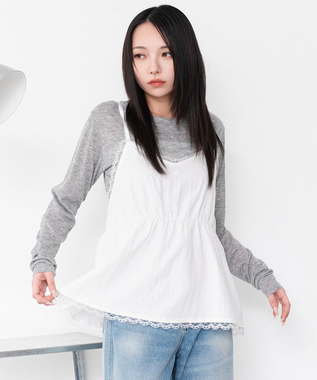 ボタンツキレースチュニック/ホワイト　モデル：159cm F着用
