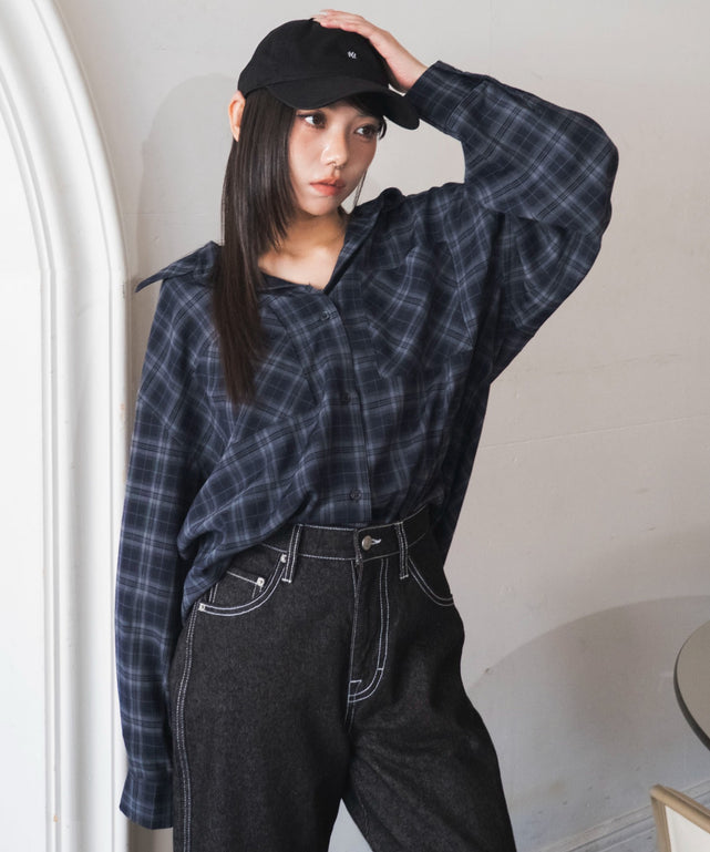 2WAYオフショルシャツ/ブルーチェック１　モデル：159cm F着用