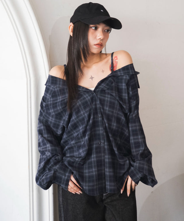 ブルーチェック１　モデル：159cm F着用