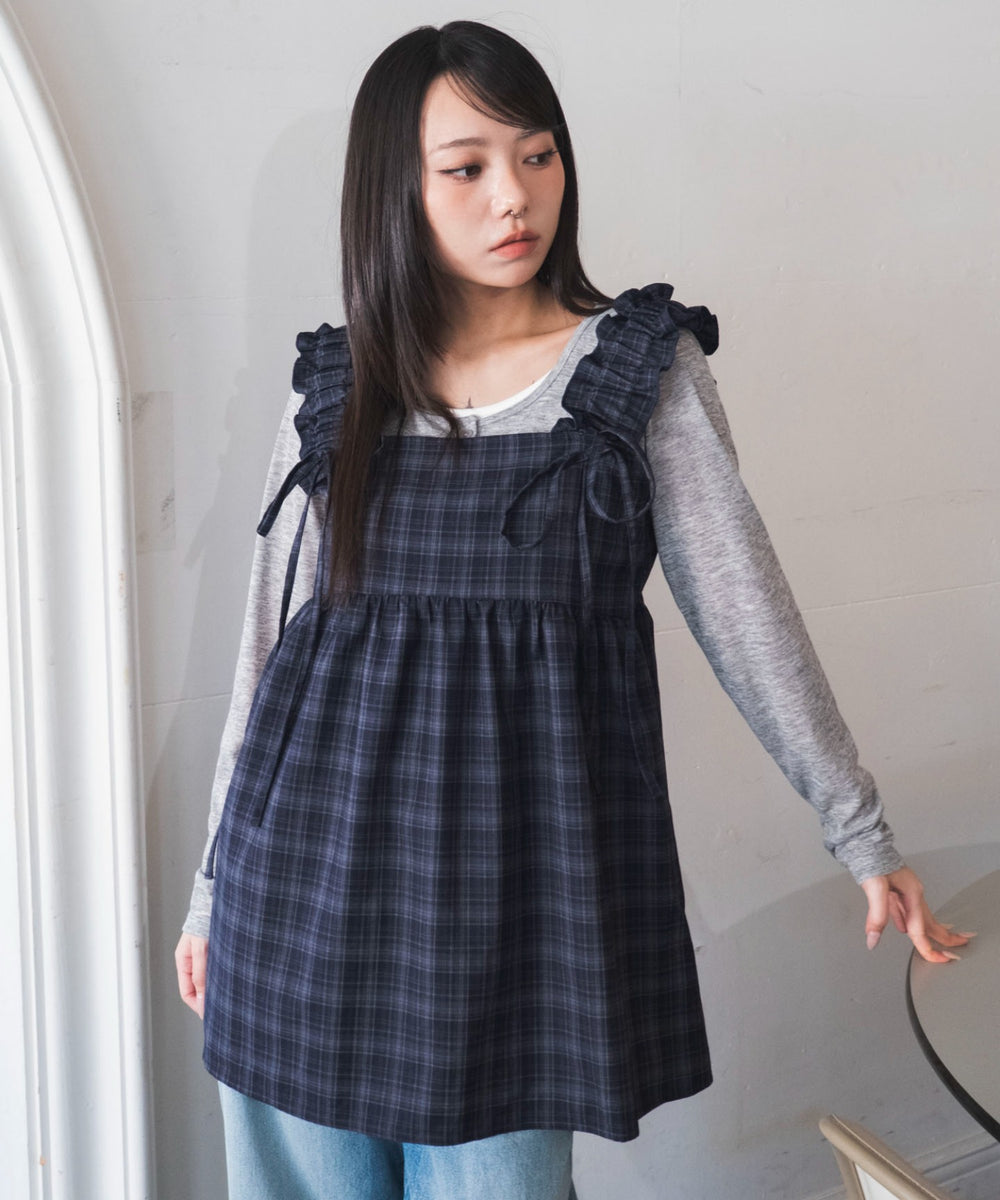 ブルーチェック１　モデル：159cm F着用