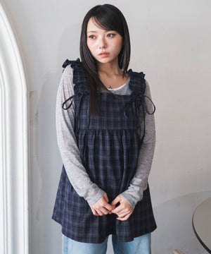ブルーチェック１　モデル：159cm F着用