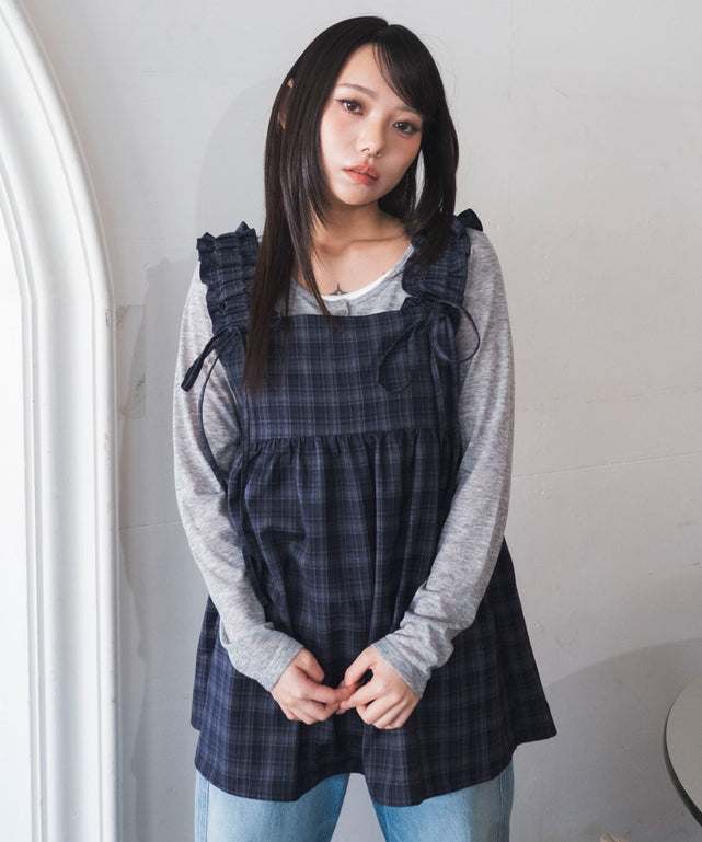 ブルーチェック１　モデル：159cm F着用