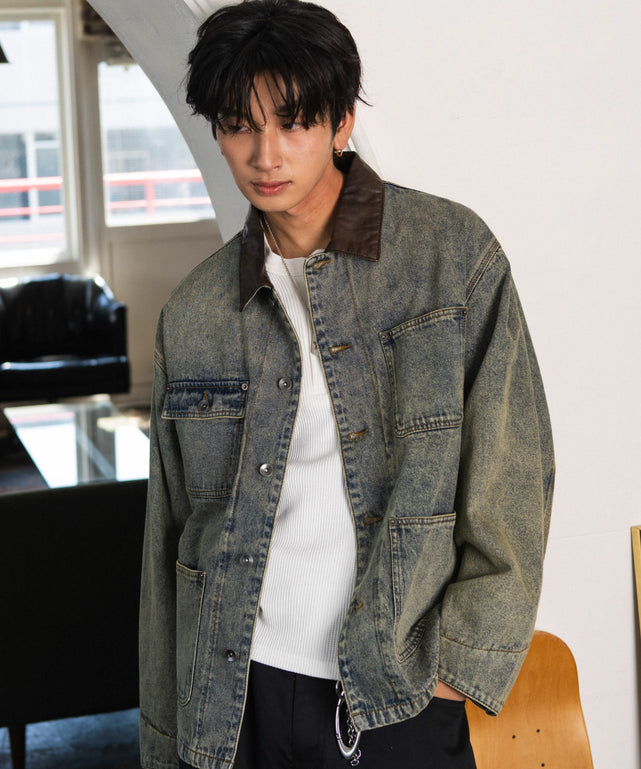 カバーオールジャケット/デニム淡加工 モデル：180cm L着用