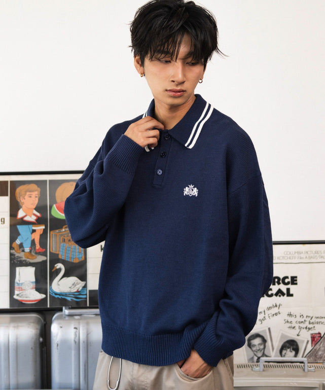 ラインニットポロプルオーバー/ネイビー モデル：180cm L着用