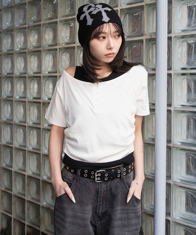 レイヤードヘンリーネック半袖T/ホワイト　モデル：159cm F着用