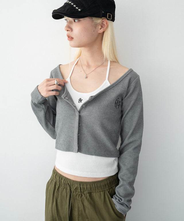 ワンポイント刺繍ホルターネックカップインキャミ/ホワイト　モデル：166cm F着用