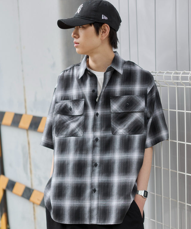 オンブレチェックシャツ（SS）/柄1 モデル：181cm L着用