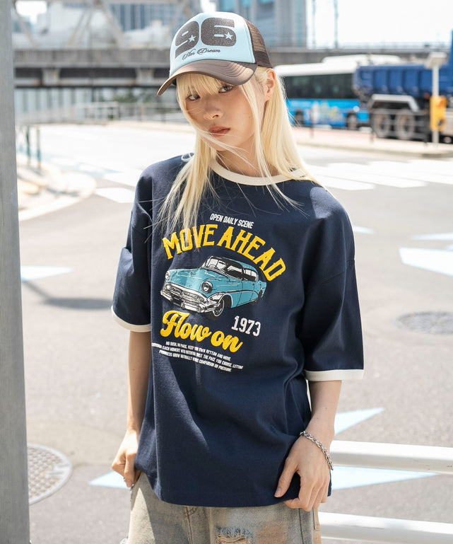 グラフィックリンガーT（SS）/ネイビー　モデル：166cm L着用