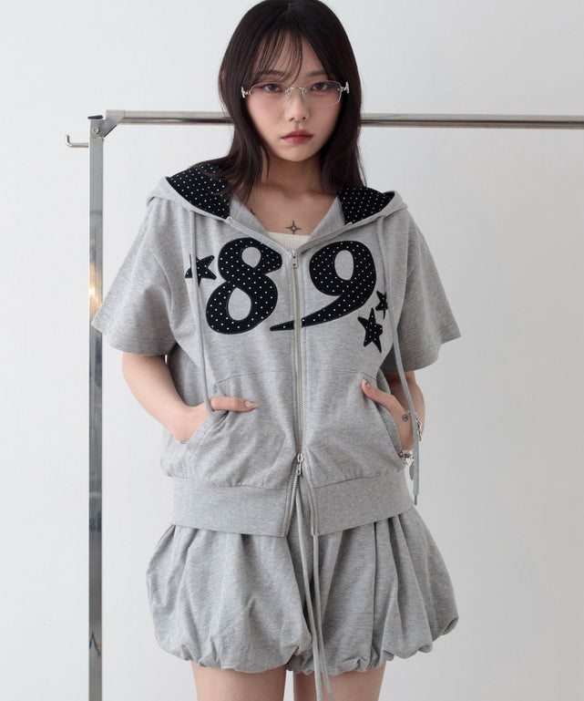 グラフィック半袖ZIPパーカー/杢グレー　モデル：159cm F着用