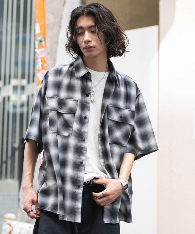 オンブレチェックシャツ(SS)/柄1 モデル：182cm L着用