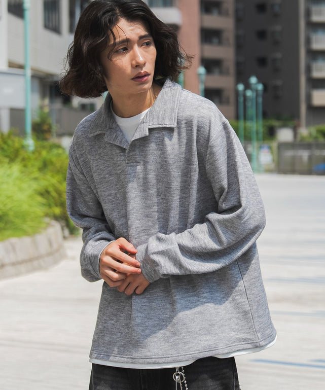 フェイクレイヤードニットポロ(LS)/杢グレー モデル：182cm L着用