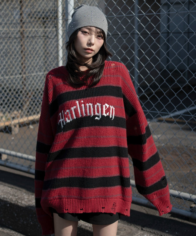 アゼアミボーダーニットプルオーバー/レッドボーダー　モデル：159cm L着用