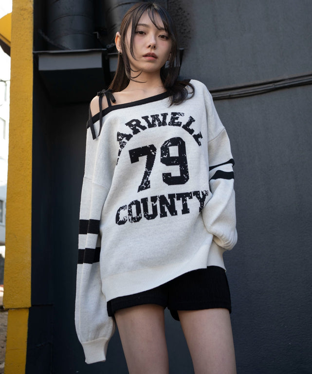 2WAYグラフィックワンショルニット/ホワイト　モデル：159cm F着用