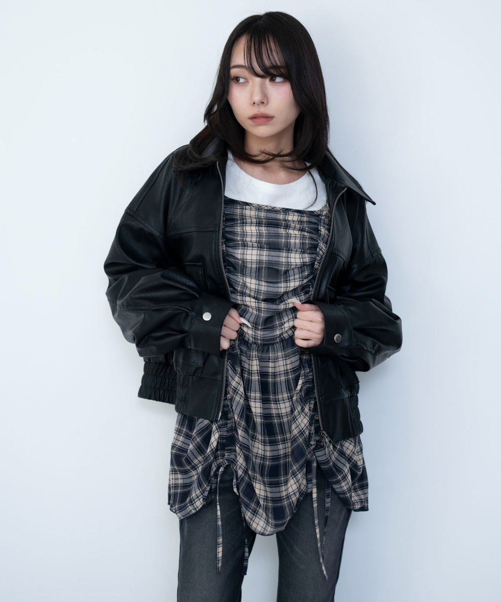 ブルーチェック１　モデル：159cm F着用