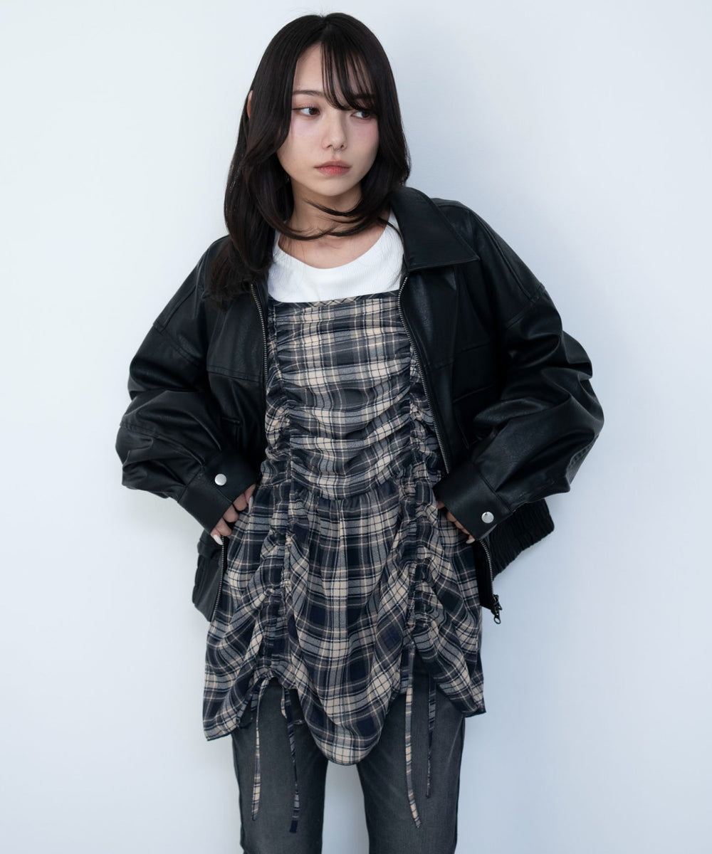 ブルーチェック１　モデル：159cm F着用