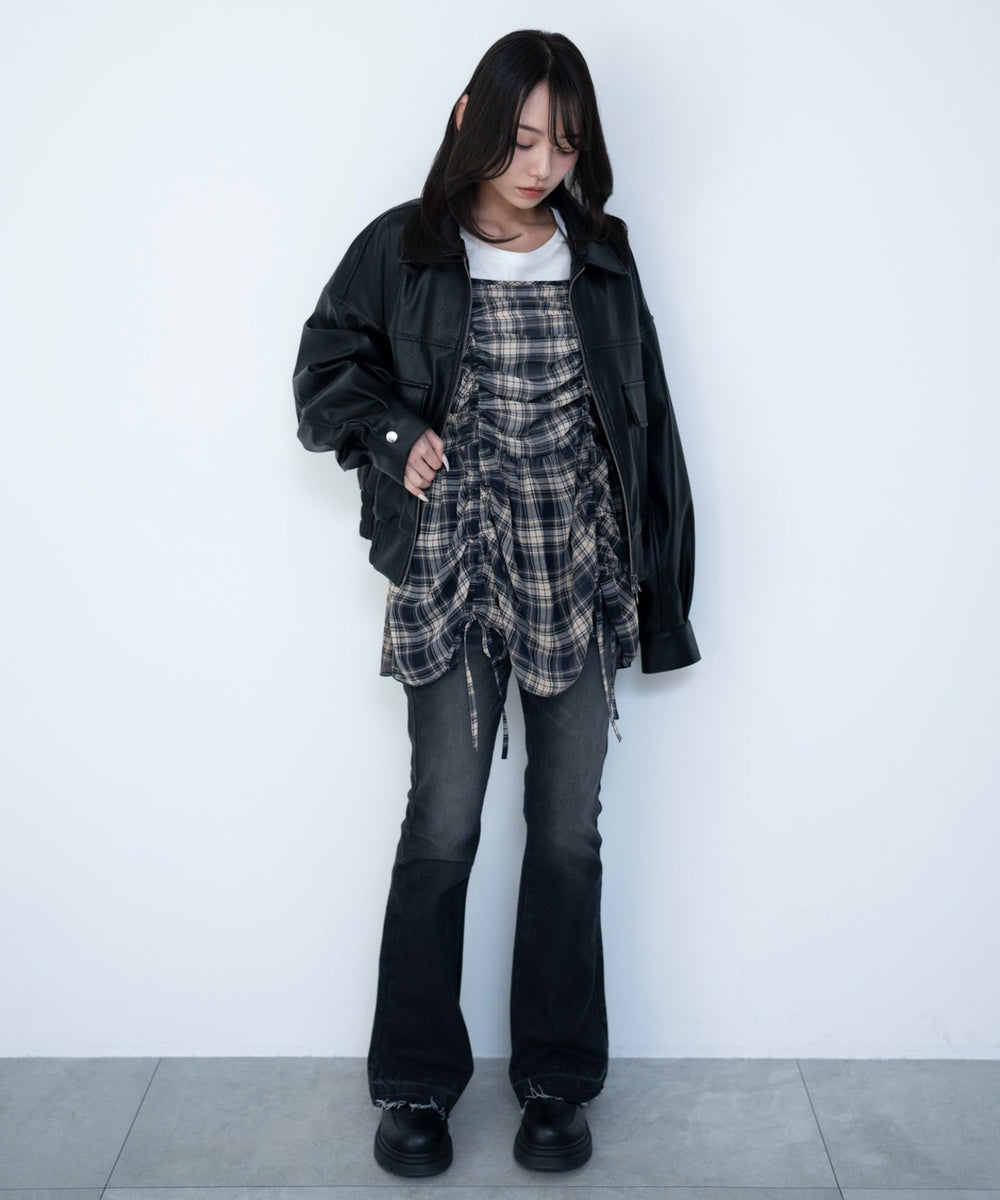 ブルーチェック１　モデル：159cm F着用