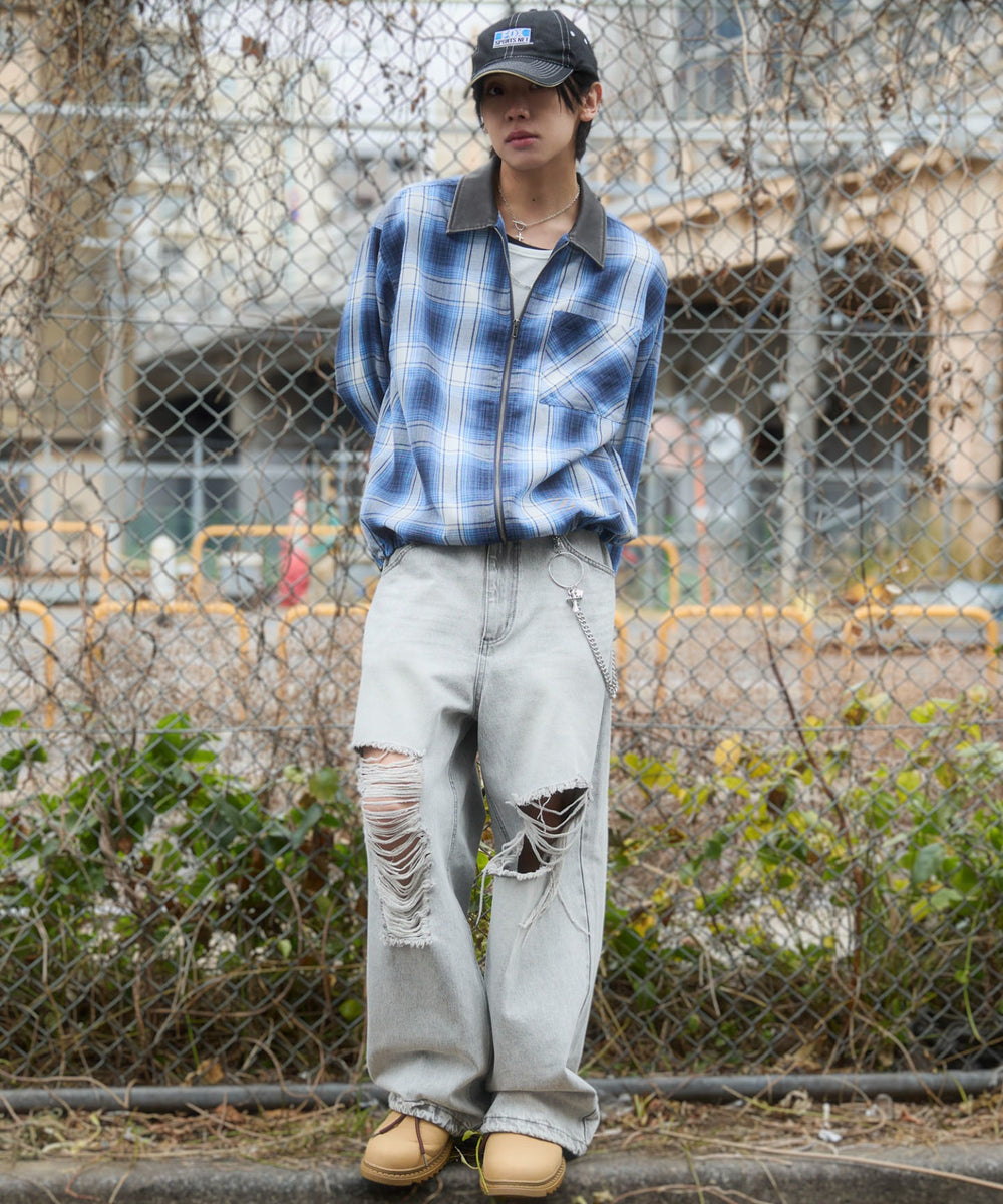 ブルーチェック1　モデル：175cm L着用