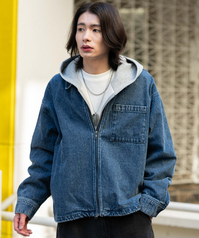 デニムシャツジャケット/デニム中濃加工 モデル：182cm L着用