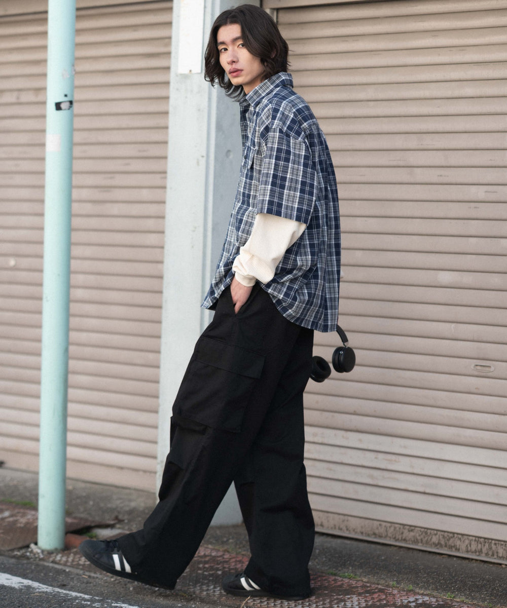 ブルーチェック1 モデル：182cm L着用