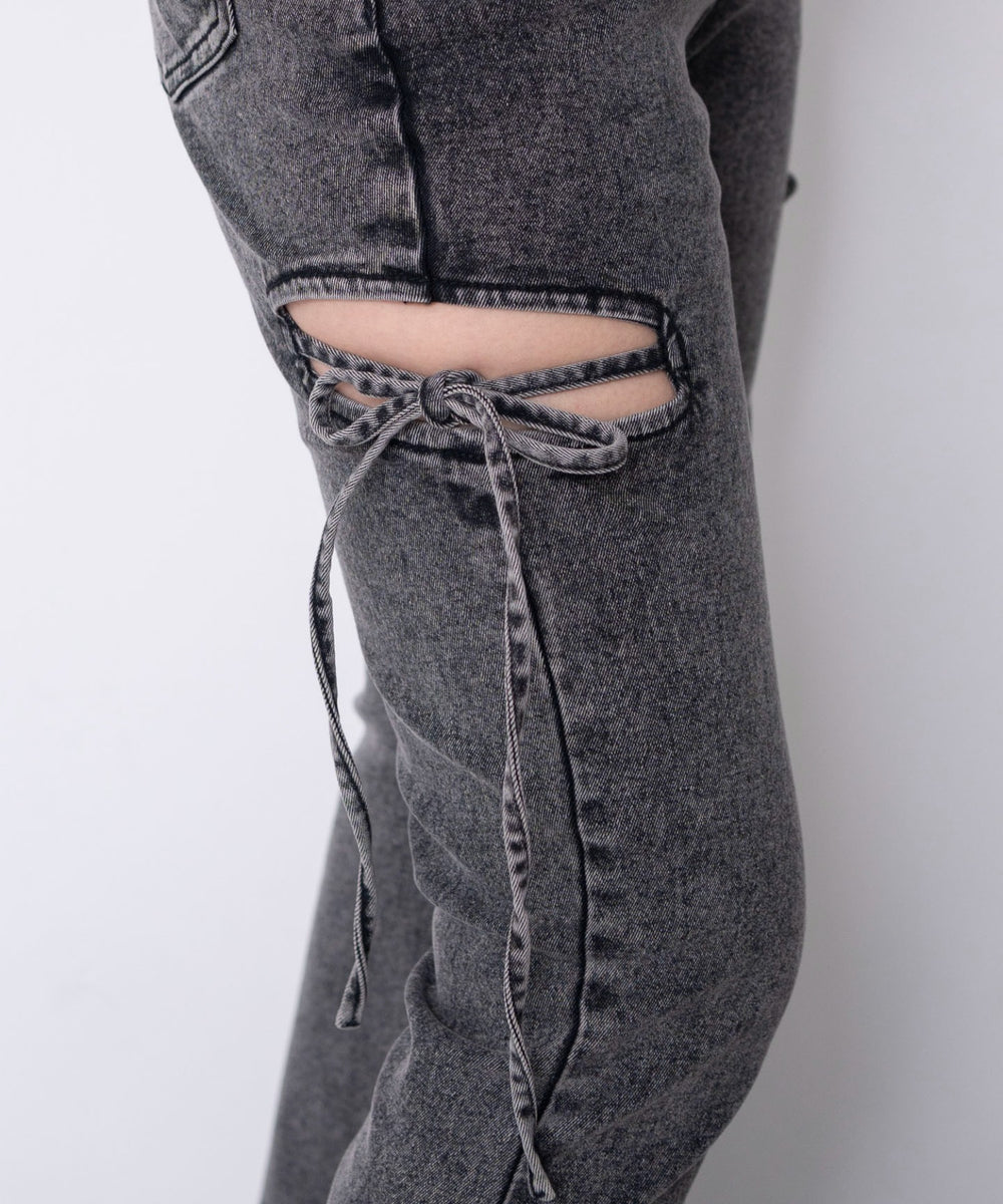 カットアウトリボンストレッチフレアデニムパンツ