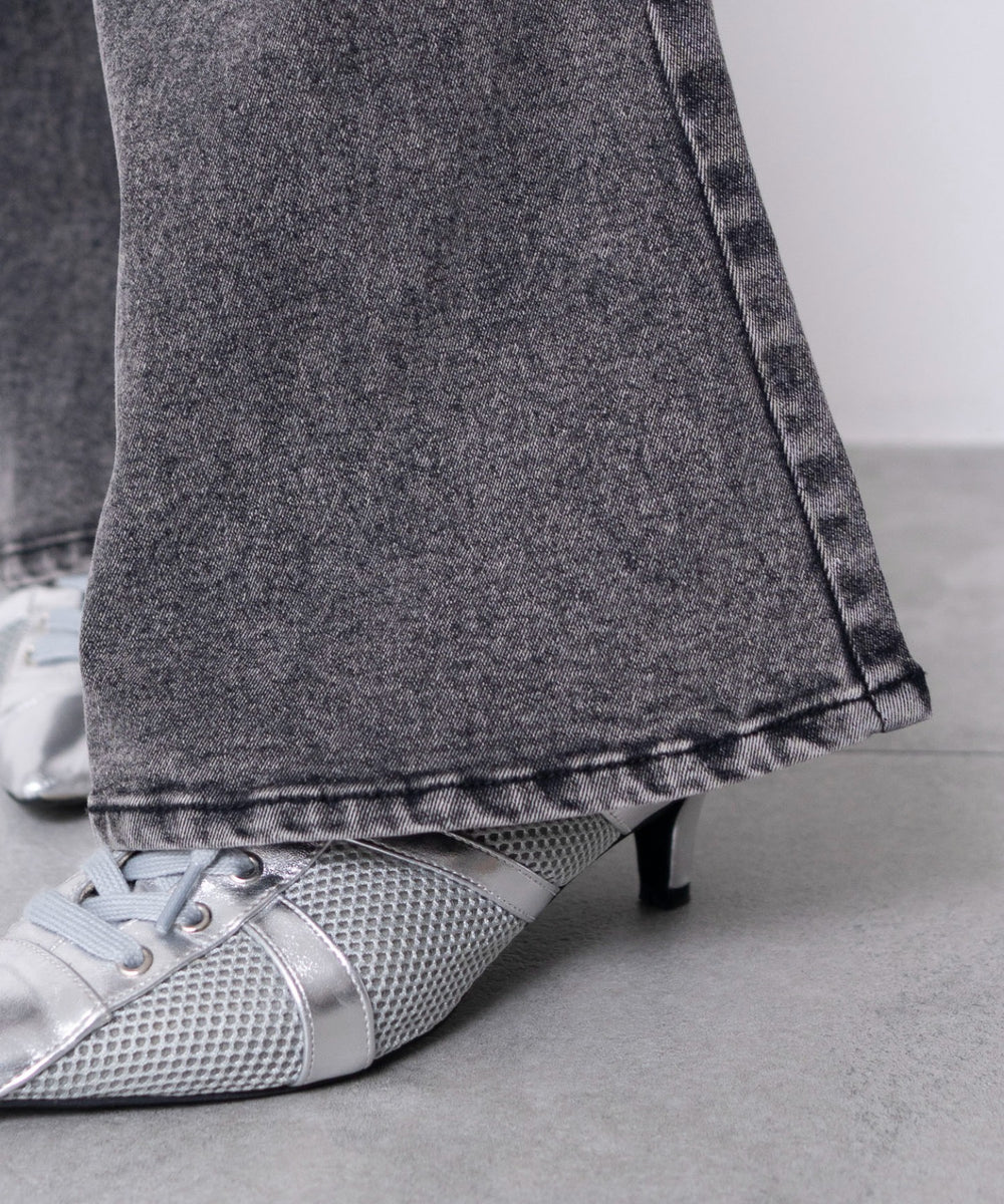 カットアウトリボンストレッチフレアデニムパンツ