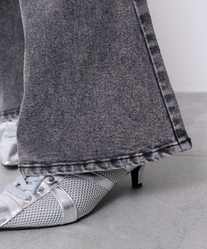 カットアウトリボンストレッチフレアデニムパンツ