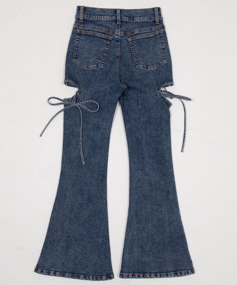 カットアウトリボンストレッチフレアデニムパンツ