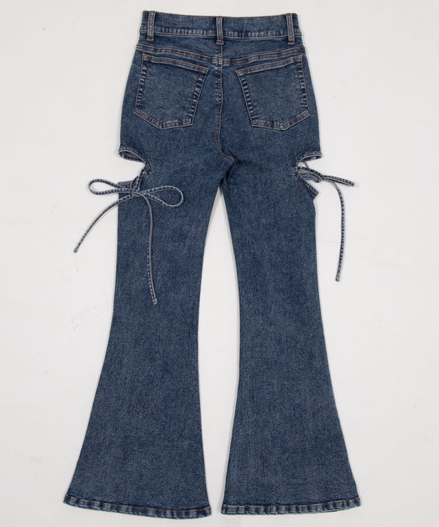 カットアウトリボンストレッチフレアデニムパンツ