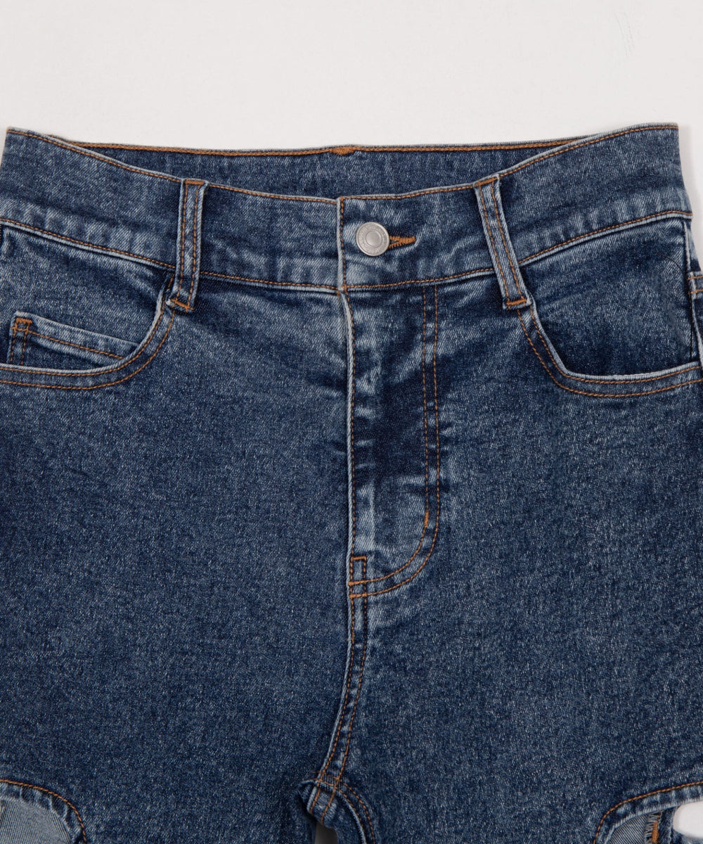 カットアウトリボンストレッチフレアデニムパンツ