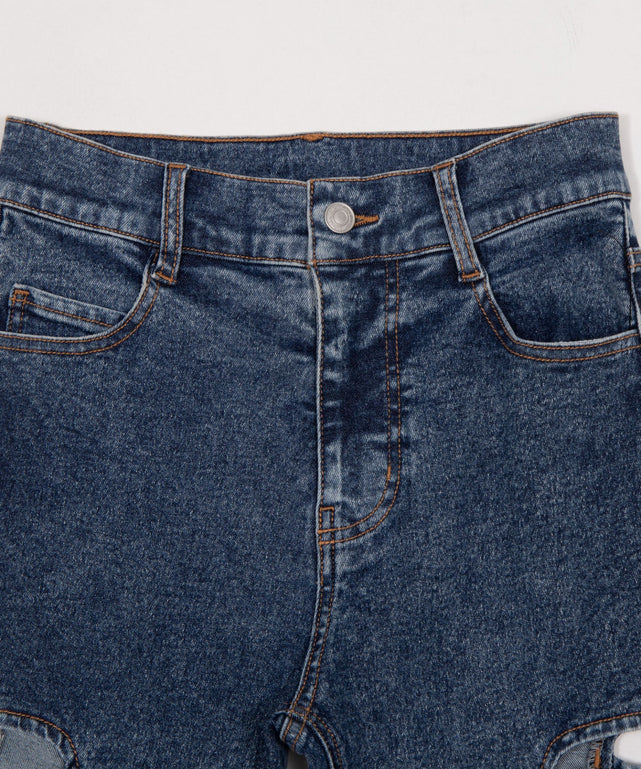 カットアウトリボンストレッチフレアデニムパンツ