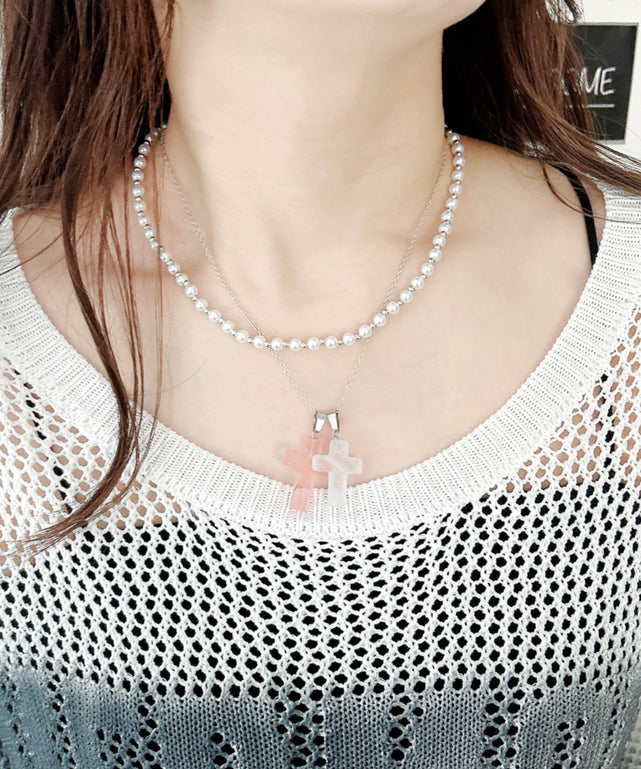 L2Pクロスパールレイヤードネックレス/柄1