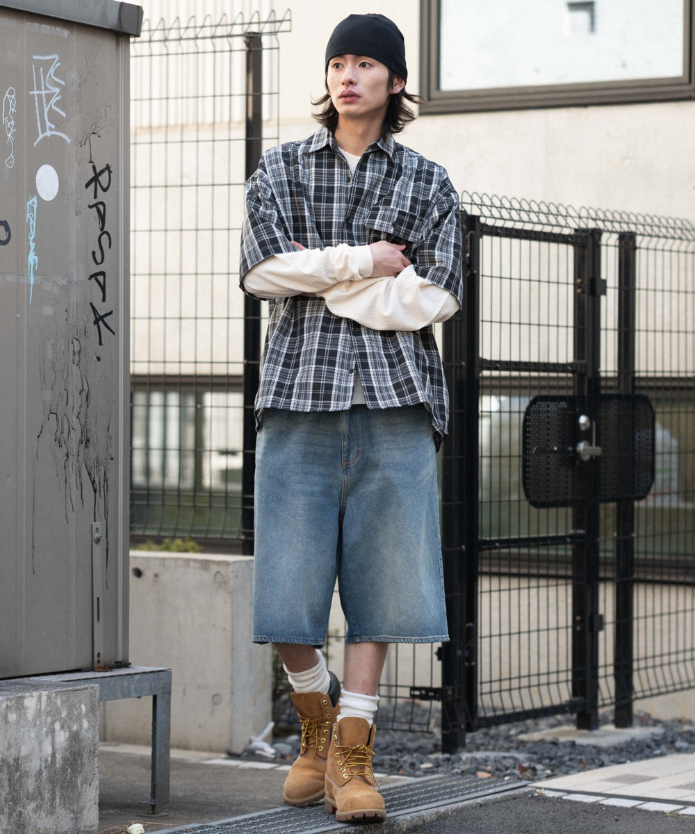 デニム中濃加工 モデル：182cm L着用