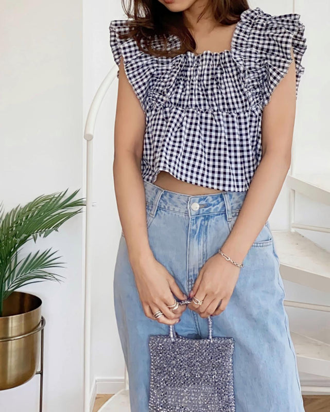 ギンガムフリルブラウス