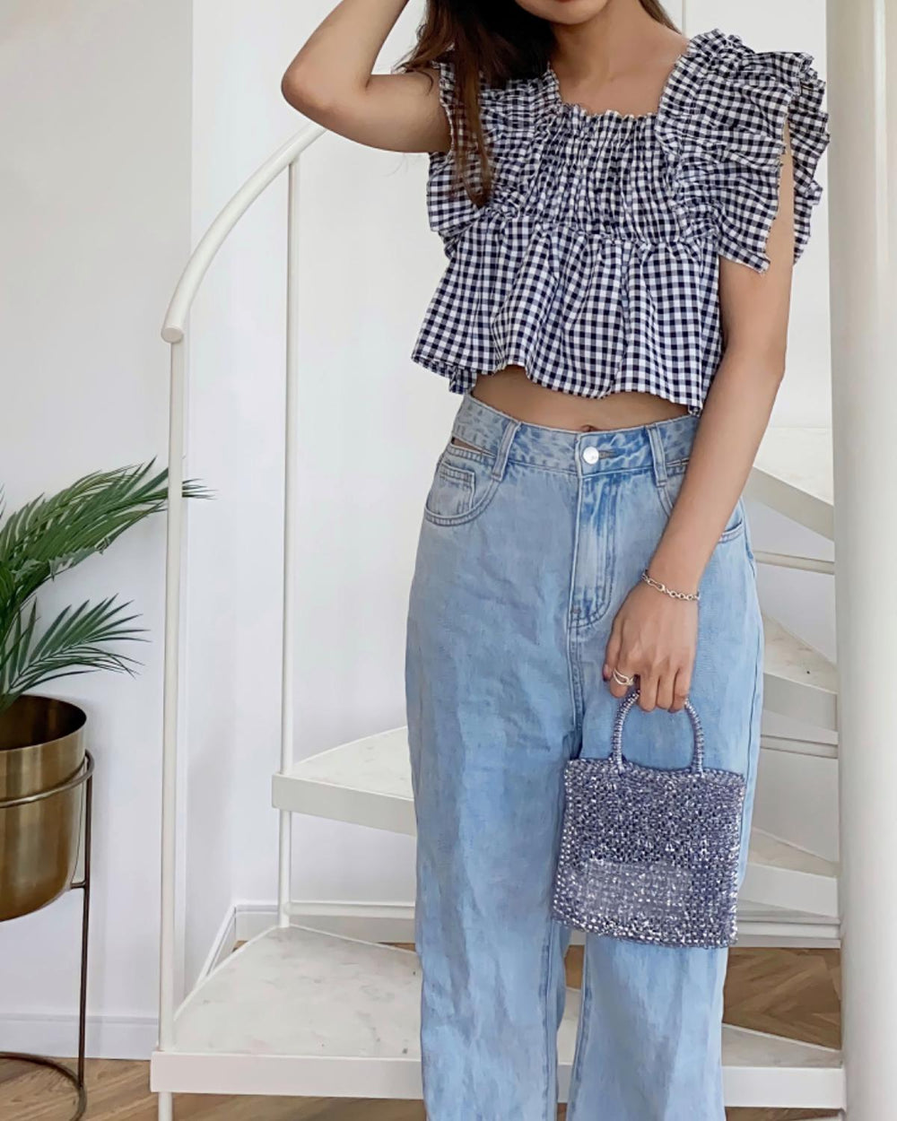 ギンガムフリルブラウス