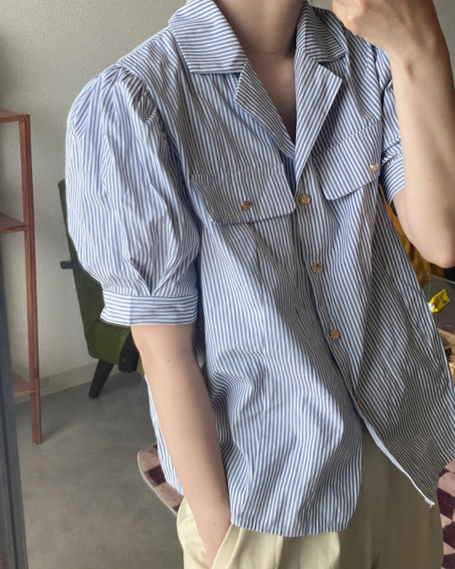 パフスリーブストライプシャツ