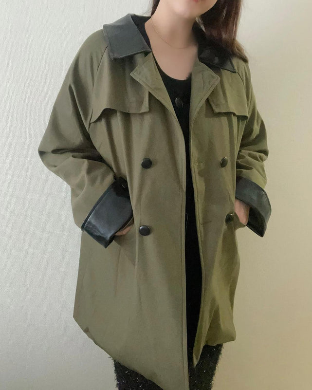 美品 ブラウン 系ダブルブレストムラ加工 レザーロングコート豚革 着丈