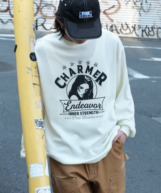 ワッフルグラフィックT（LS）/オフホワイト　モデル:175cm L着用