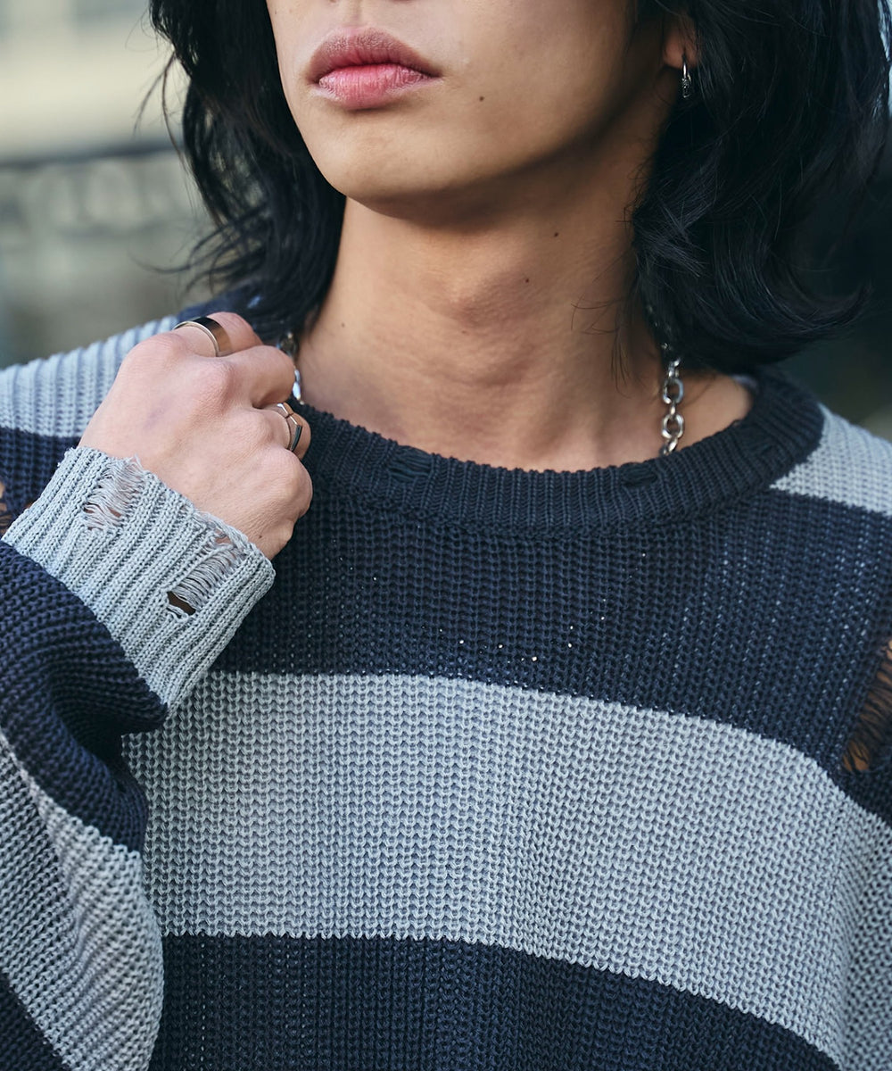 ボーダーダメージニットプルオーバー